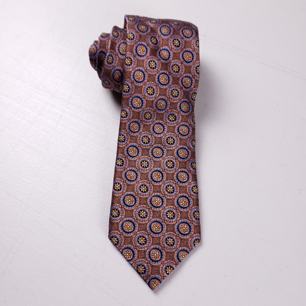 JZ Richards Silk Necktie Geometric Medallion Orange‎ Blue Mens Classic Tie